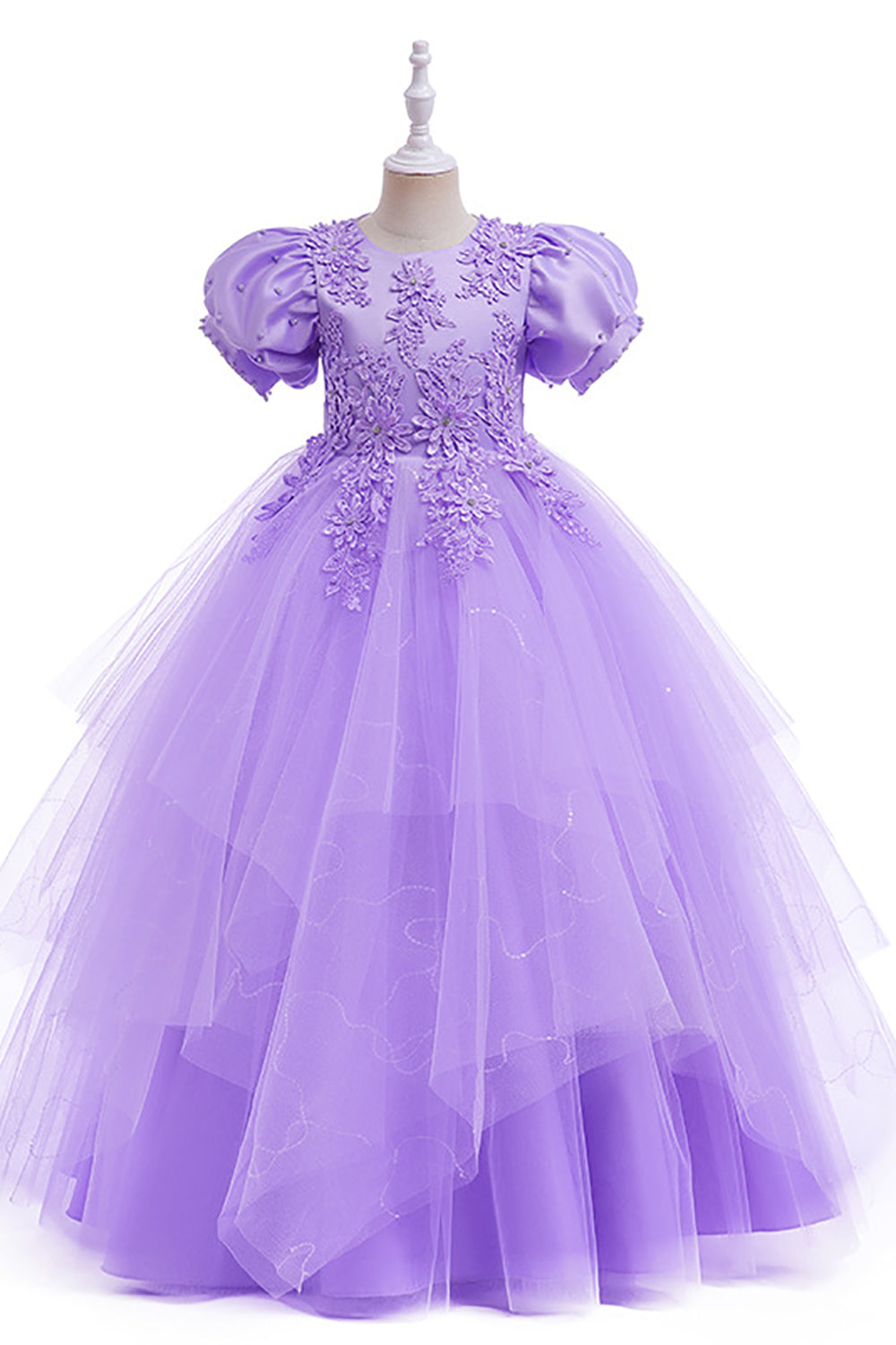 Tulle Puff Sleeves Light Blue Flower Girl Dress with Appliques