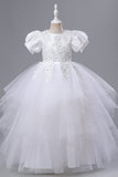 Tulle Puff Sleeves Light Blue Flower Girl Dress with Appliques