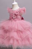 Tiered Tulle Pink Flower Girl Dress with Beading