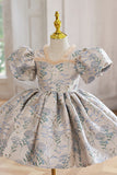 Printed Puff Sleeves Blue Flower Girl Dress with Beading