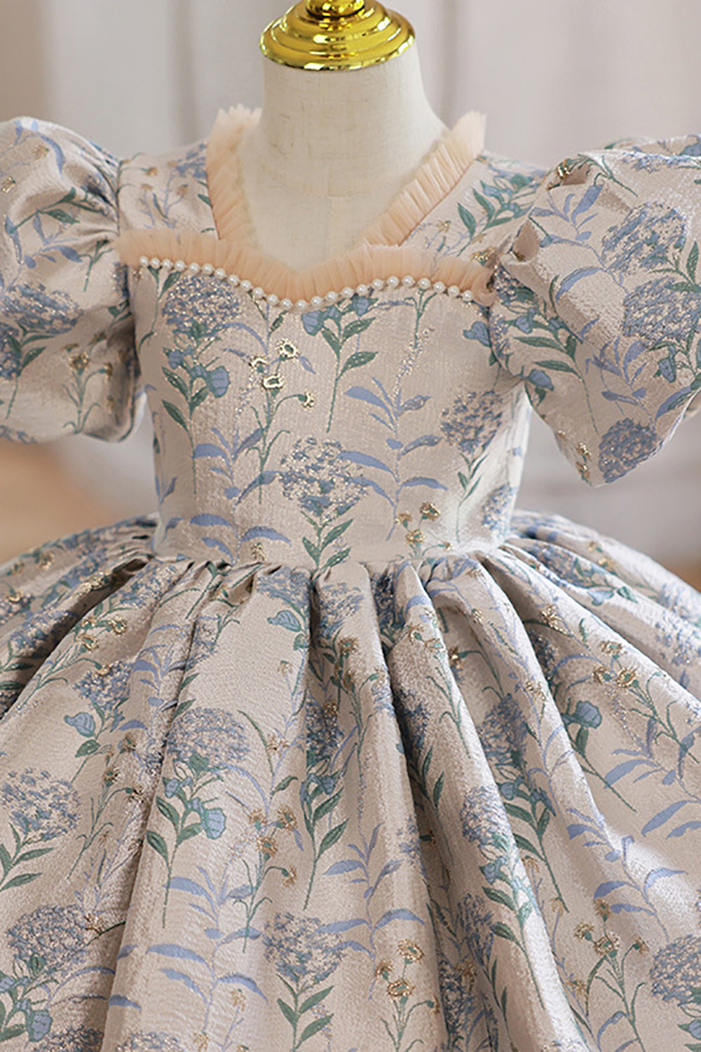 Printed Puff Sleeves Blue Flower Girl Dress with Beading
