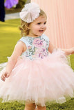 Tiered Flower Printed Pink Flower Girl Dress with Bowknot