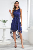 High Low Round Neck Blue Lace Dress with Belt