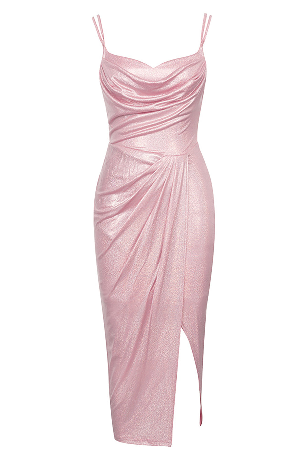 Spaghetti Straps Pink Sparkly Cocktail Dress with Slit