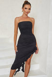 Ruffles Black Cocktail Dress with Slit