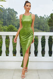 Green Ruffles Sparkly Cocktail Dress with Slit