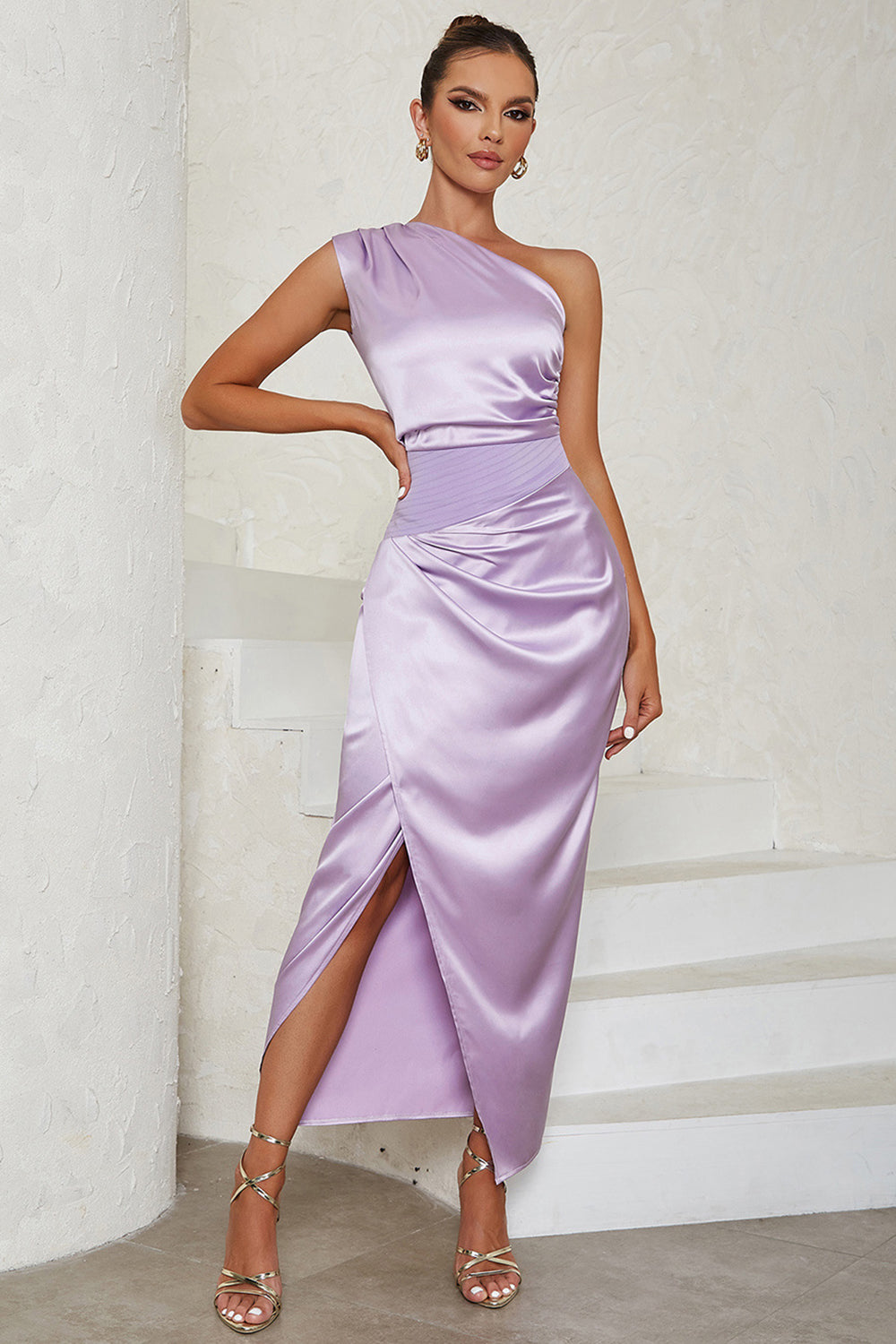 Lavender One Shoulder Wrap Cocktail Dress With Slit