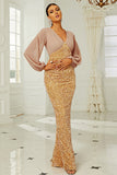 Long Sleeves Golden Sequins Mother of the Bride Dress