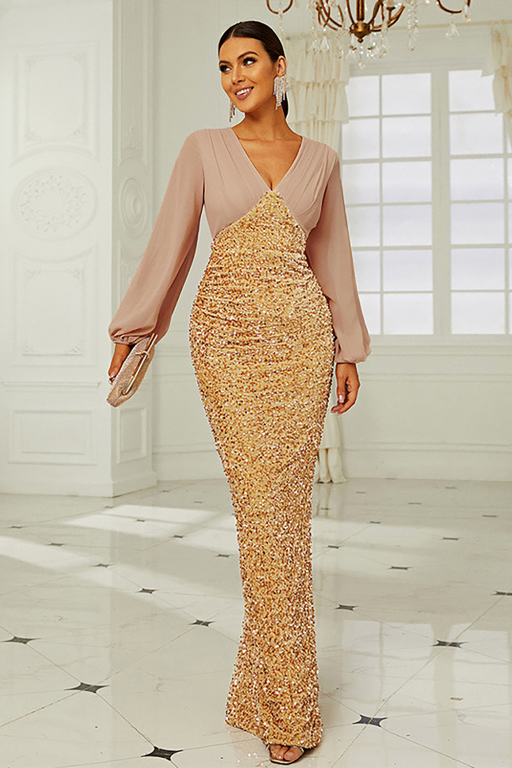 Long Sleeves Golden Sequins Mother of the Bride Dress