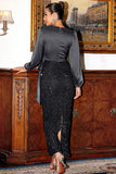 Dark Green Long Sleeves Sequins Mother of the Bride Dress with Slit