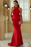 Red Mermaid Halter Open Back Long Prom Dress With Ruffles