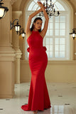 Red Mermaid Halter Open Back Long Prom Dress With Ruffles