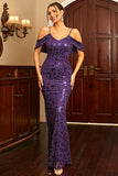 Mermaid Purple Cold Shoulder Sparkly Printed Long Prom Dress
