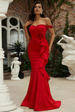 Mermaid Red Off the Shoulder Long Prom Dress With Ruffles
