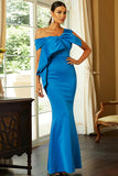 Blue One Shoulder Mermaid Long Prom Dress With Bowknot