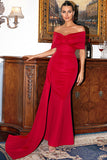 Red Off the Shoulder Sheath Prom Dress With Train