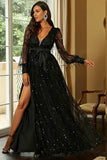 Black A-Line Sparkly V-Neck Prom Dress With Slit