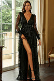 Black A-Line Sparkly V-Neck Prom Dress With Slit