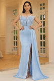 Light Blue Strapless Sheath Long Formal Dress With Slit