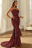 Burgundy Sparkly Sequins Mermaid Prom Dress