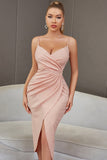 Blush Spaghetti Straps Ruched Cocktail Dress With Slit
