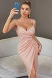 Blush Spaghetti Straps Ruched Cocktail Dress With Slit