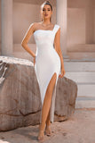 White One Shoulder Bodycon Midi Cocktail Dress With Slit