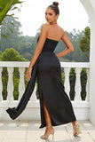 Black Strapless Long Cocktail Dress With Train and Slit