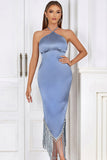 Dusty Blue Halter Backless Bodycon Cocktail Dress With Fringes