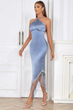 Dusty Blue Halter Backless Bodycon Cocktail Dress With Fringes