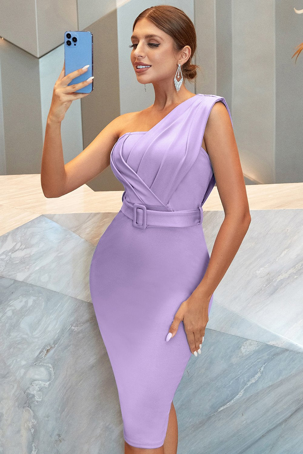 Lilac One Shoulder Ruched Bodycon Cocktail Dress With Belt