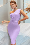 Lilac One Shoulder Ruched Bodycon Cocktail Dress With Belt