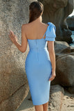 Blue One Shoulder Cocktail Dress with Bow