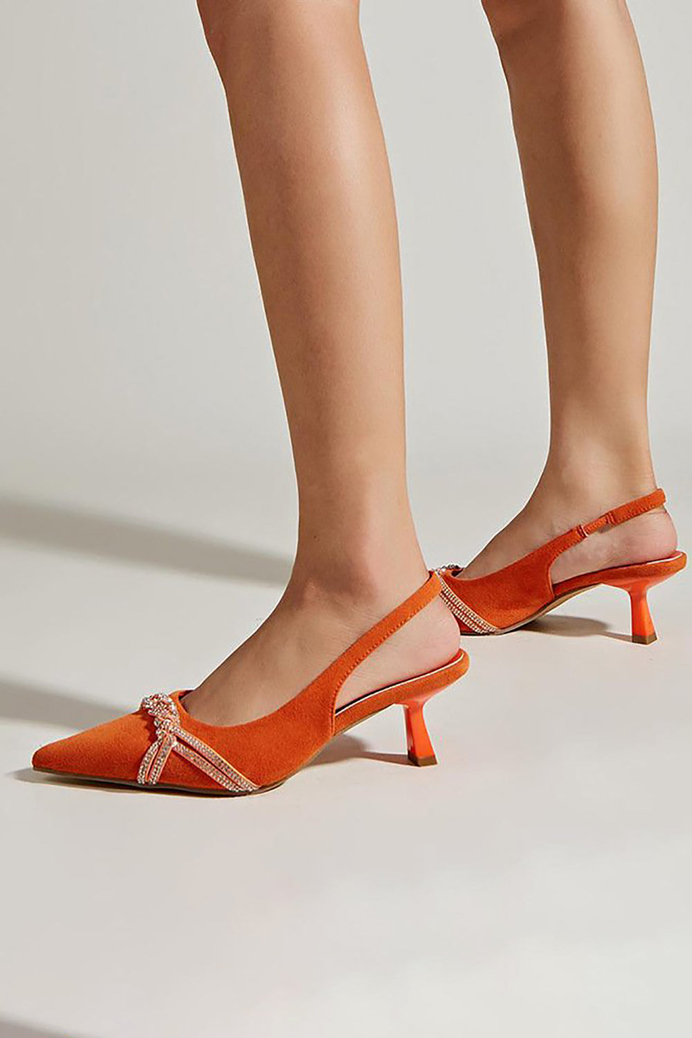 Orange Pointed Toe Rhinestones Kitten Heels Sandals