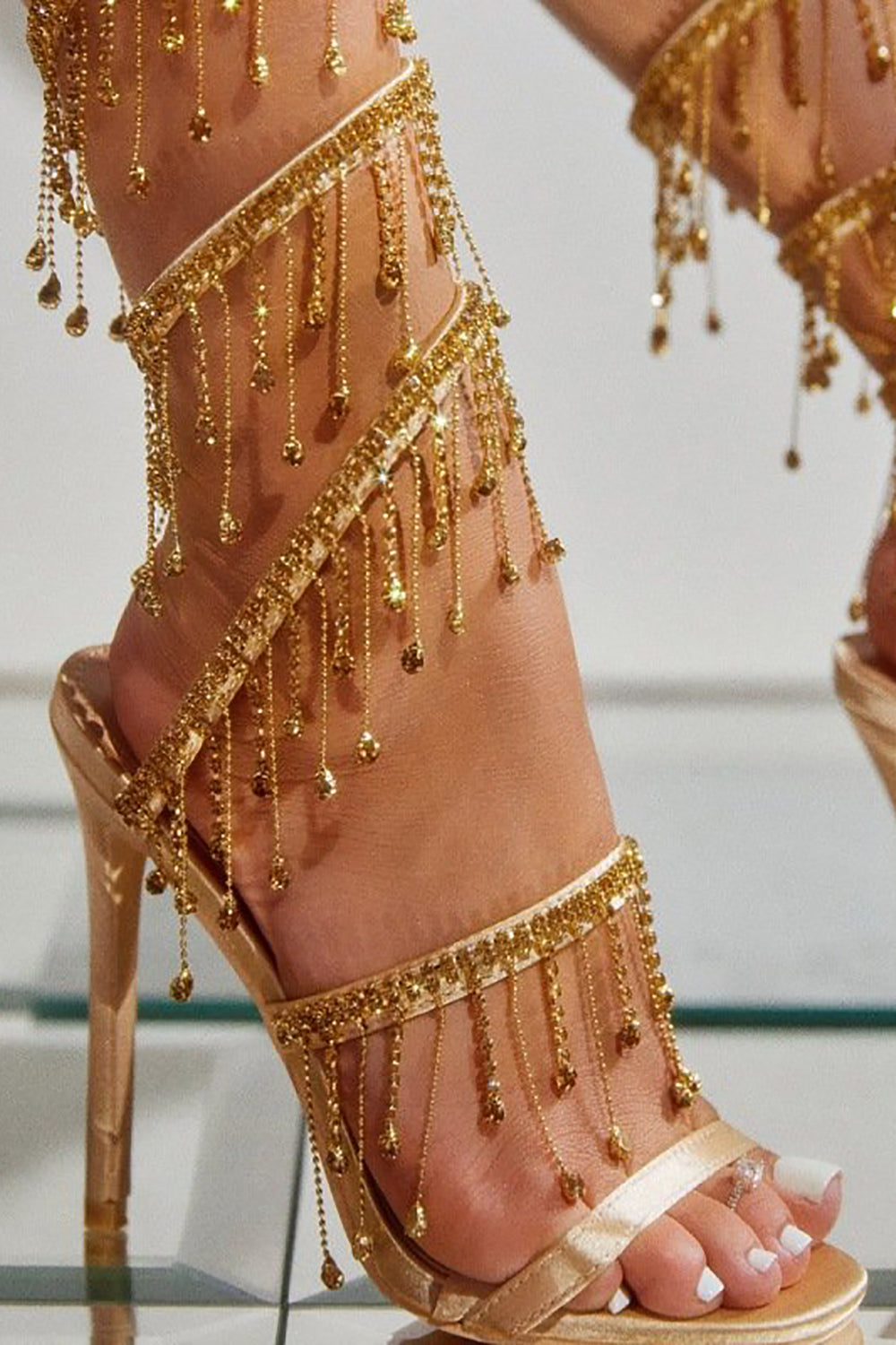 Golden Sparkly Strappy High Heeled Sandals With Tassel