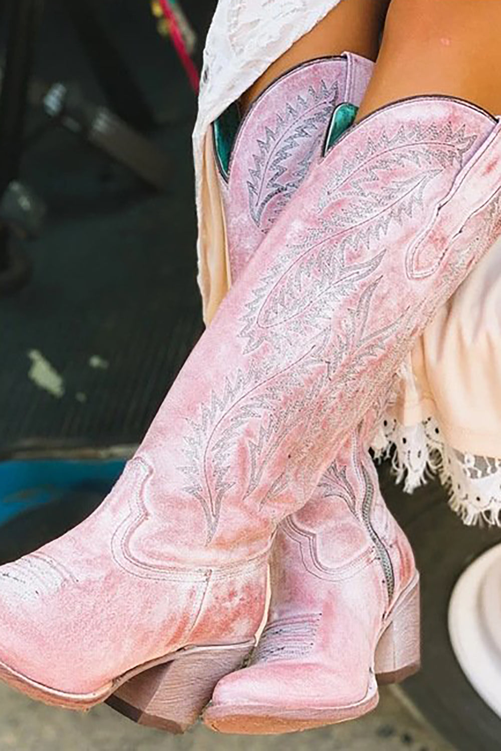 Dusty Rose Embroidered Mid Calf Cowgirl Boho Boots