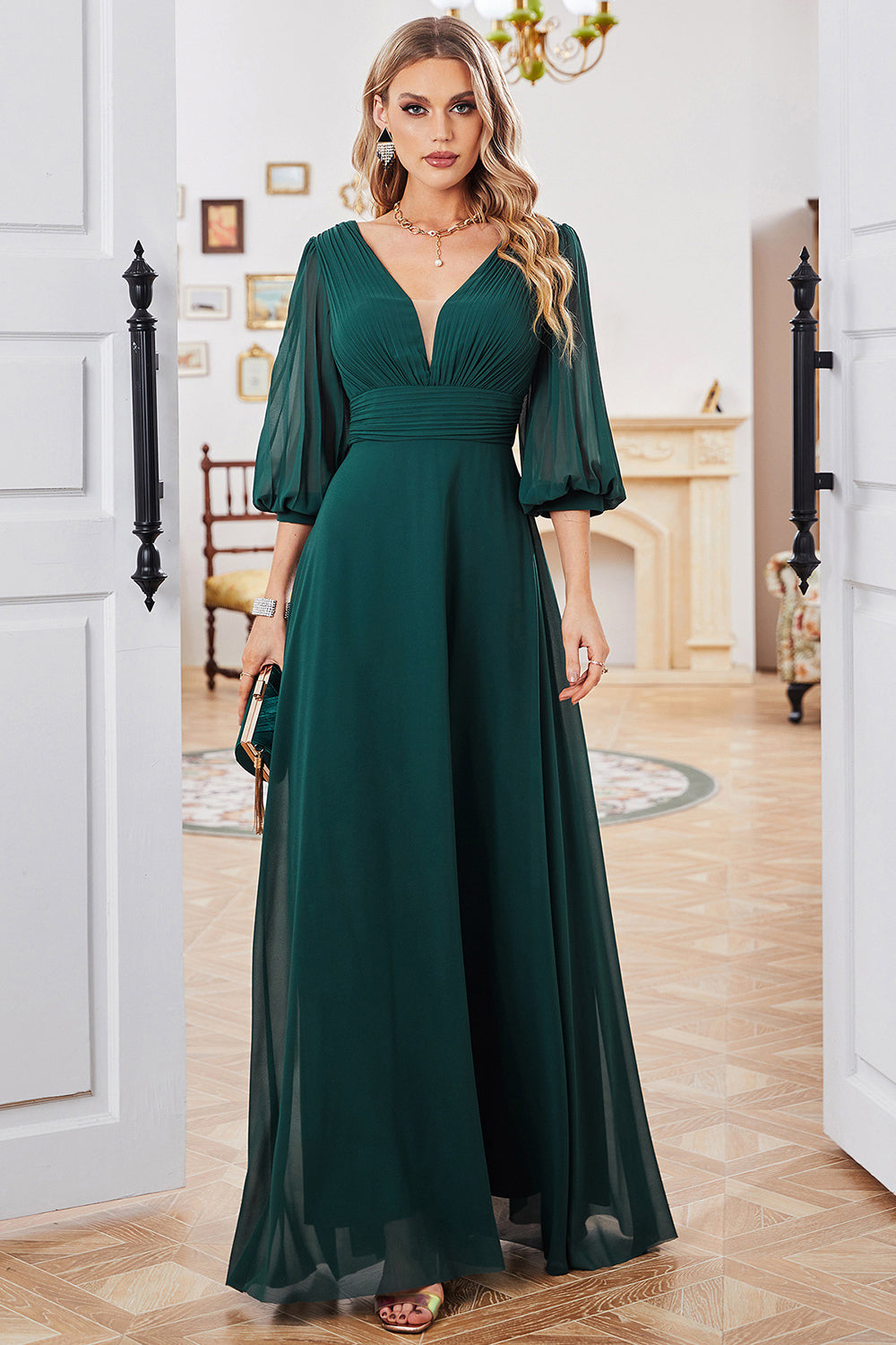 Dark Green A-line Long Sleeves V-neck Mother of Bride Dress Dark Green A-line Long Sleeves V-neck Mother of Bride Dress