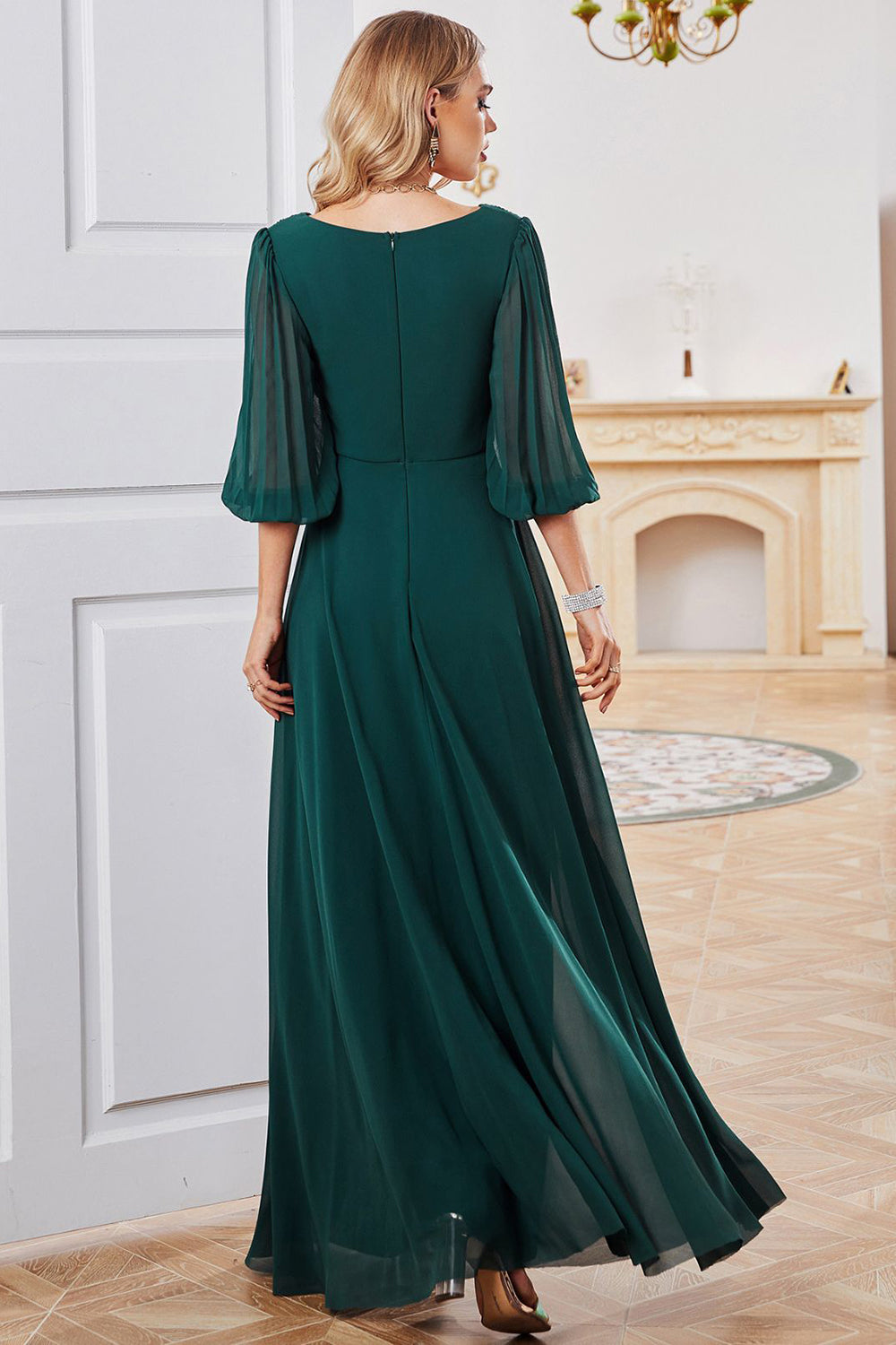 Zapaka Women Dark Green Chiffon A-line Long Sleeves V-neck Maxi Mother of Bride Dress ZAPAKA Zapaka Women Dark Green Chiffon A-line Long Sleeves V-neck Maxi Mother of Bride Dress ZAPAKA
