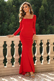 Square Neck Red Corset Formal Dress with Long Sleeves