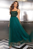 Sparkly Tulle Lace-Up Back Pine Formal Dress with Sequins