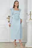 Long Sleeves Sky Blue Formal Dress with Ruffles
