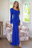 Sparkly Long Sleeves Sequins Royal Blue Evening Party Dress with Slit