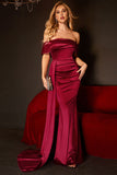 Mermaid Off The Shoulder Burgundy Prom Dress with Ruffles