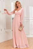 Chiffon V-Neck Blush Formal Dress with Long Sleeves