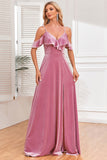 Velvet Cold Shoulder Dusty Rose Formal Dress with Slit