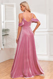 Velvet Cold Shoulder Dusty Rose Formal Dress with Slit