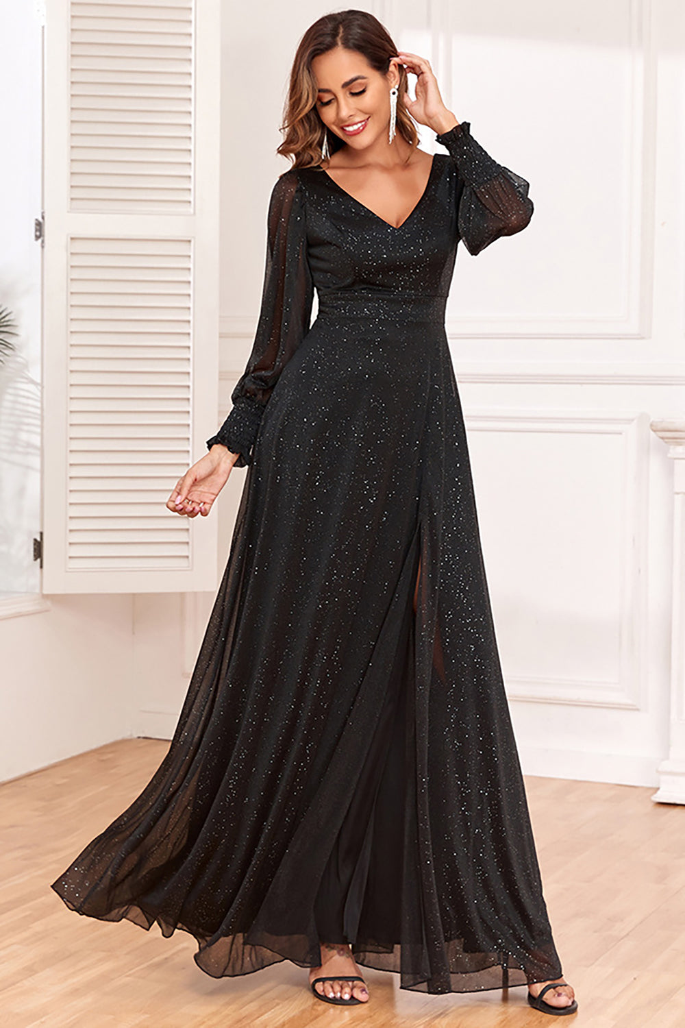 Zapaka Women Glitter Black Mother of The Bride Dress with Slit A-Line Long Sleeves Wedding Party Dress, Black / XL Zapaka Women Glitter Black Mother of The Bride Dress with Slit A-Line Long Sleeves Wedding Party Dress, Black / XL
