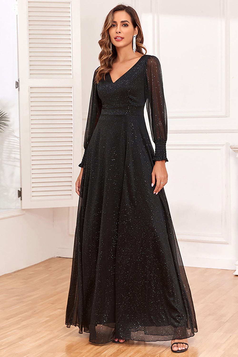 black choir dress ZAPAKA Women Glitter Black Long Choir Dress with Slit A-Line Long Sleeves V-Neck Evening Dress, Black / XL