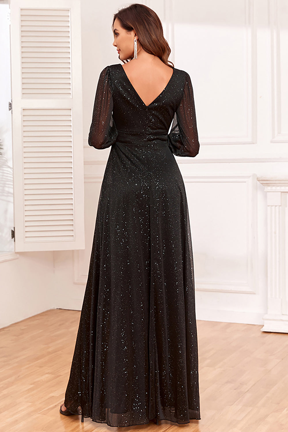ZAPAKA Women Glitter Black Mother of The Bride Dress with Slit A-Line Long Sleeves Wedding Party Dress, Black / XL ZAPAKA Women Glitter Black Mother of The Bride Dress with Slit A-Line Long Sleeves Wedding Party Dress, Black / XL