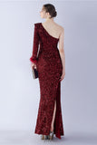 Mermaid One Shoulder Sequin Formal Dress With Feathers